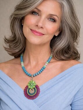 New ❤️❤️❤️Handcrafted Multicolor Beaded Necklace - Peridot & Fusha Pendant